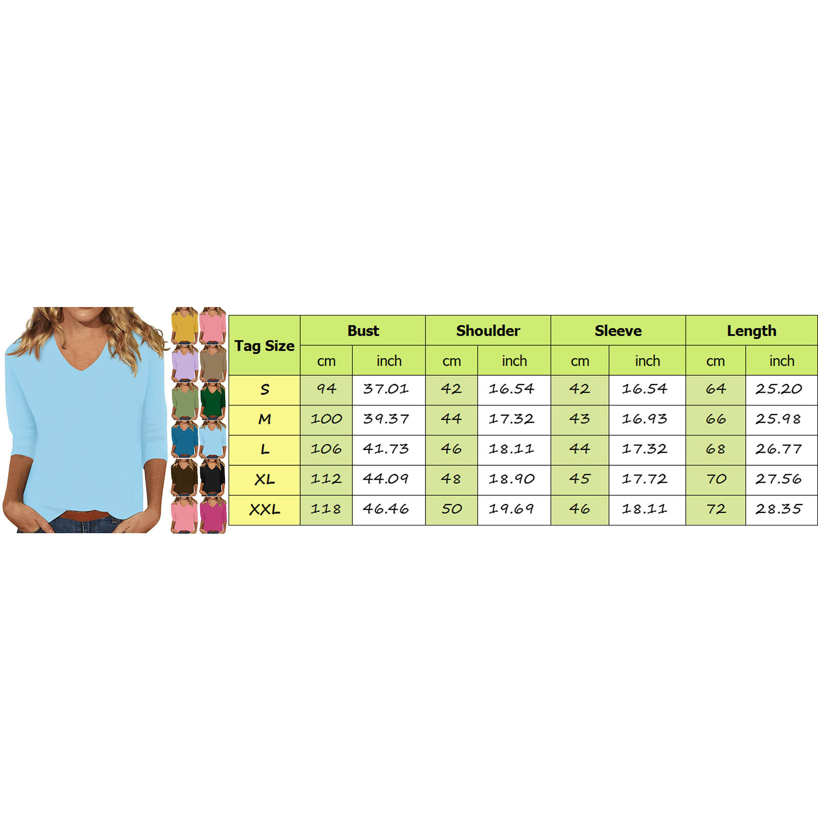 thumbnail image 3 of Camiseta básica de verano informal de color liso con cuello en V para mujer - Poliéster, manga 3/4, aberturas laterales - S-XXL, 3 of 5